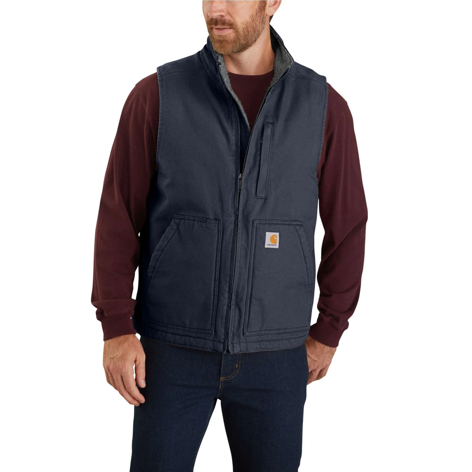 Carhartt Vest: Men's 104277 I26 Navy Washed Duck Sherpa Lined Mock Vest