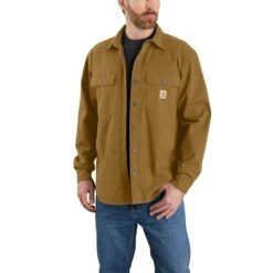 Carhartt Shirts: Men's 105419 B33 Oak Brown Rugged Flex Canvas Fleece-Lined Shirt Jacket
