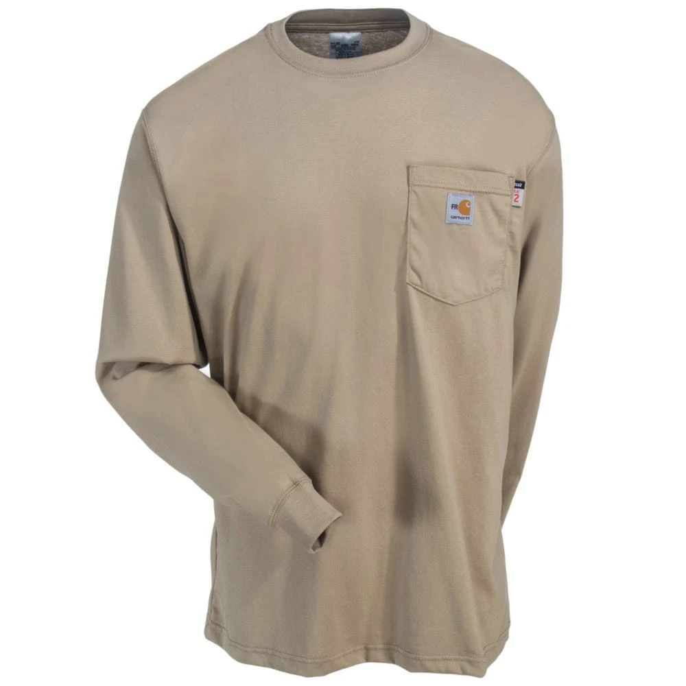 Carhartt Force Shirts: Men's 100235 250 Khaki Flame-Resistant Force Cotton Long-Sleeve T-Shirt
