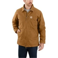 Carhartt Coats: Men's 104293 BRN Brown Loose Fit Washed Duck Sherpa-Lined Coat